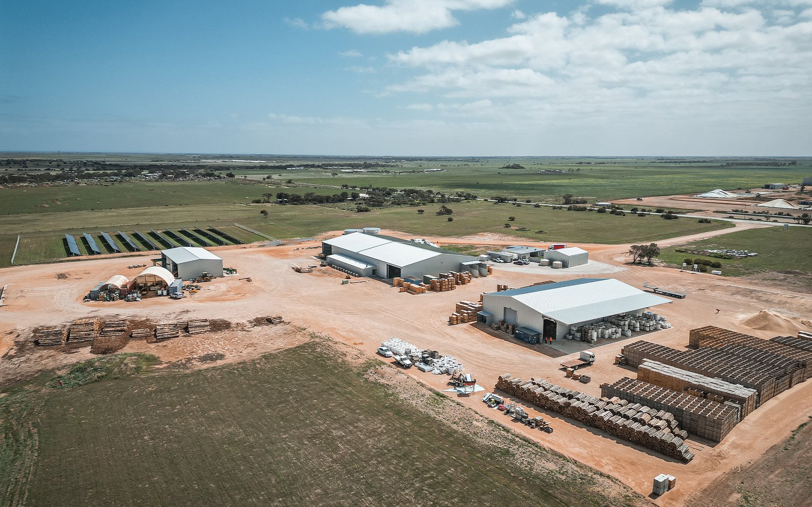 Aerial photograph of Morgan Sawmill’s industrial steel buildings in Dublin, South Australia, designed and built by Central Steel Build for timber manufacturing.