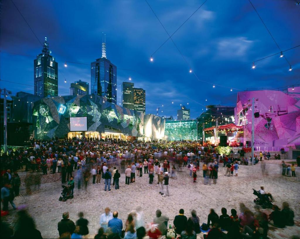 federation square, melbourne at night 