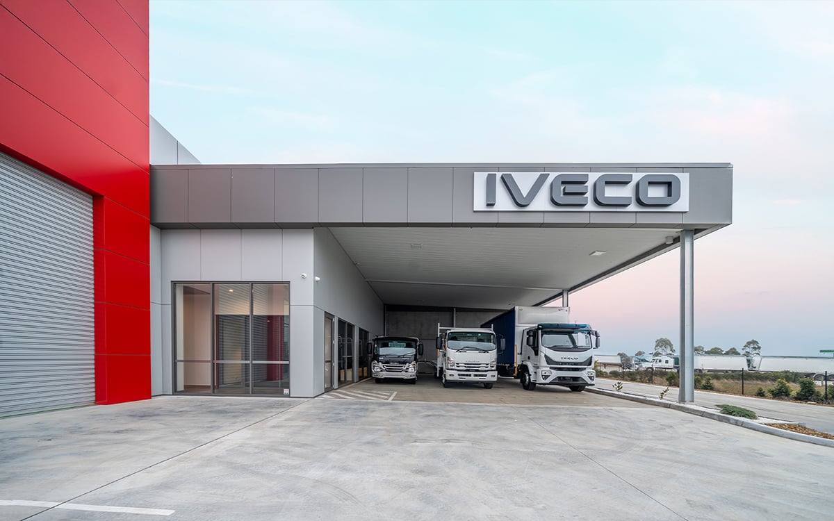 Iveco service bay within the Isuzu Ballarat industrial workshop, highlighting large-span structural steel design and durable build quality.
