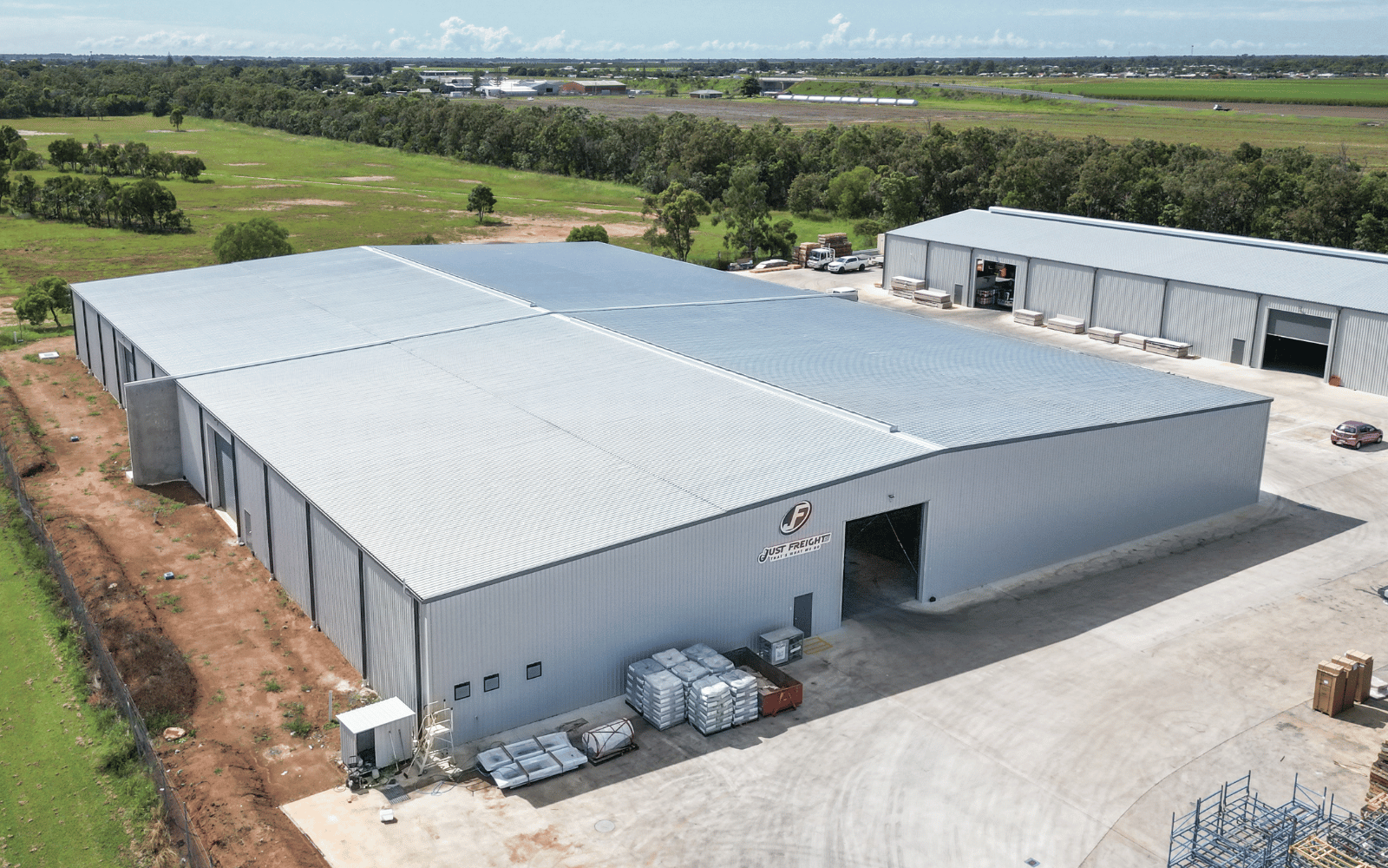 Aerial view of an industrial depot made from hot dipped galvanised steel in Bundaberg QLD.