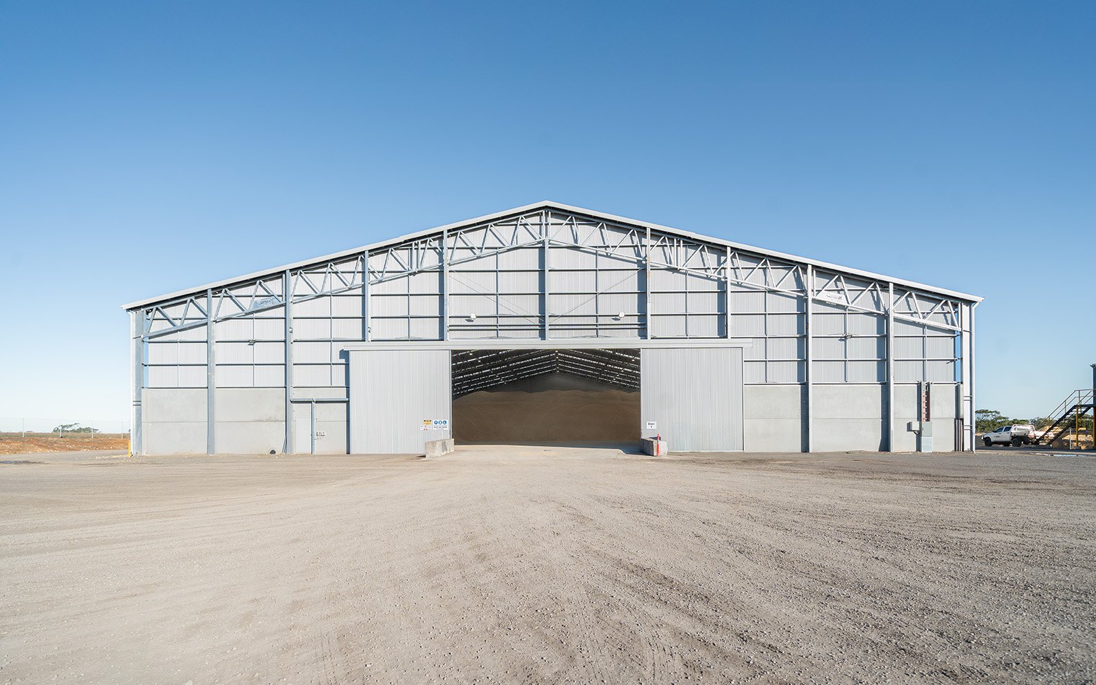 Front elevation of the Porthaul grain storage facility in Victoria, showing the large-scale agricultural steel building designed and built by Central Steel Build.