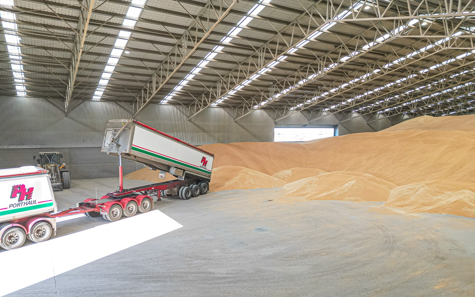 Truck tipping grain inside the Porthaul bulk storage shed in Portland, Victoria — a large agricultural steel building engineered and constructed by Central Steel Build.