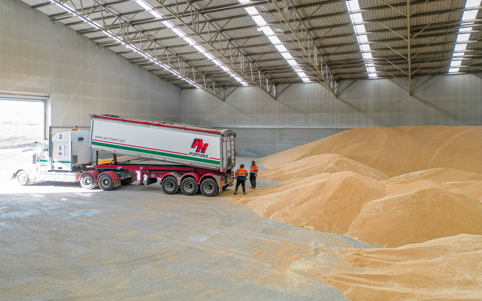 Volvo loader moving grain within Porthaul’s large-scale steel storage shed, built by Central Steel Build for agricultural efficiency and durability.