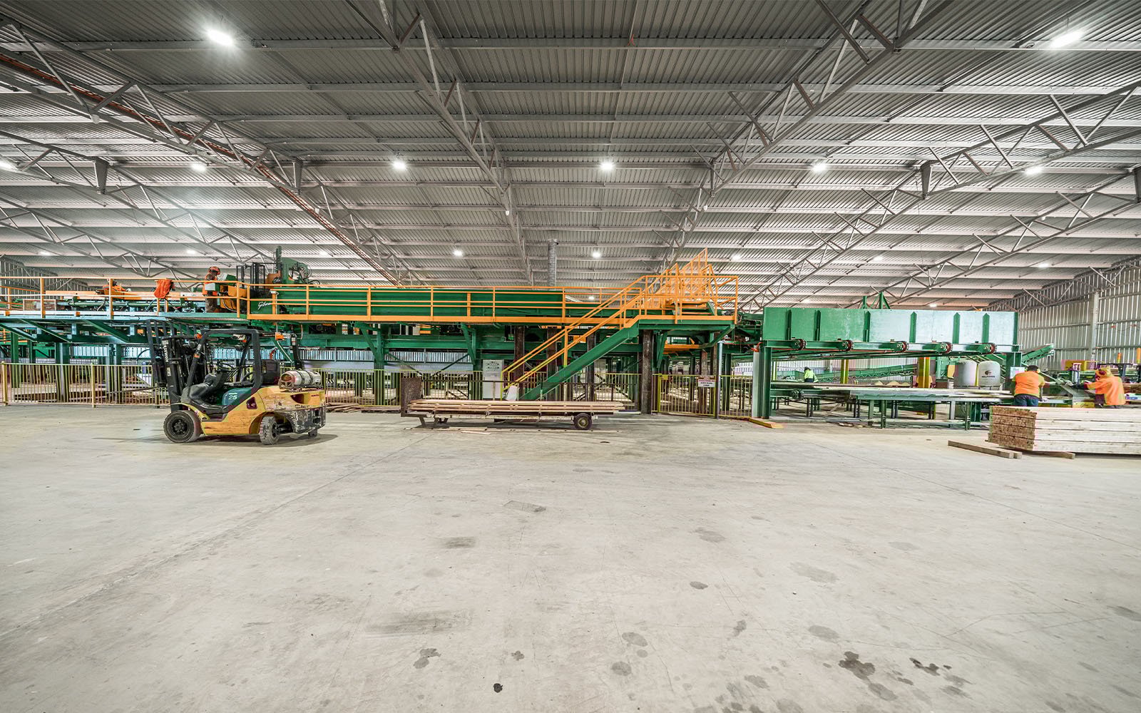 Interior view of Morgan Sawmill’s workshop facility with structural steel framework engineered by Central Steel Build for heavy-duty timber production.