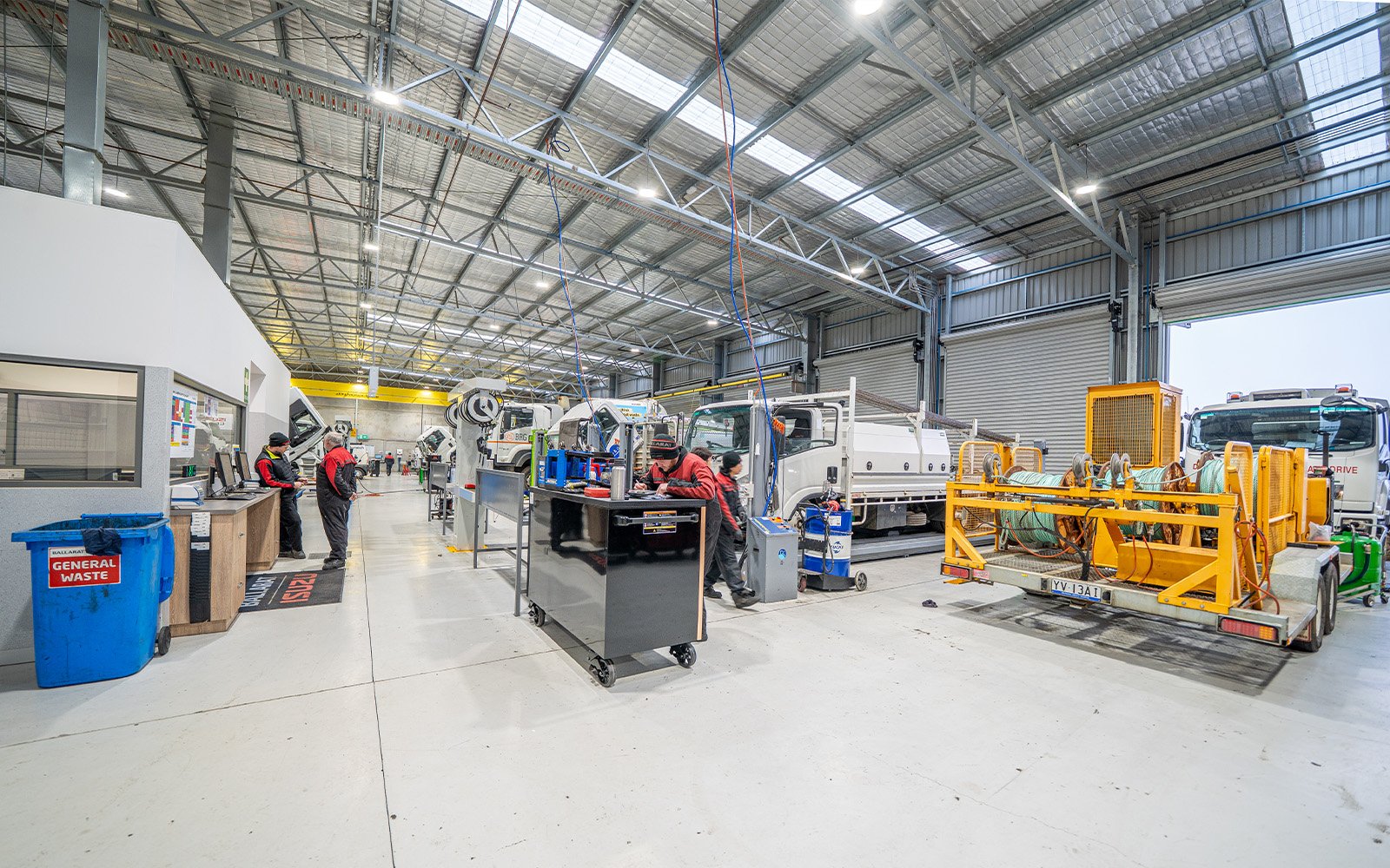 Workshop floor at Isuzu Ballarat’s commercial facility, featuring efficient steel layout and workspace design for vehicle servicing and repairs.